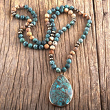 Gold Electroplated Teardrop Beaded Boho Necklace in Blues and Browns and Golds