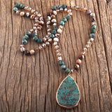 Gold Electroplated Teardrop Beaded Boho Necklace in Blues and Browns and Golds